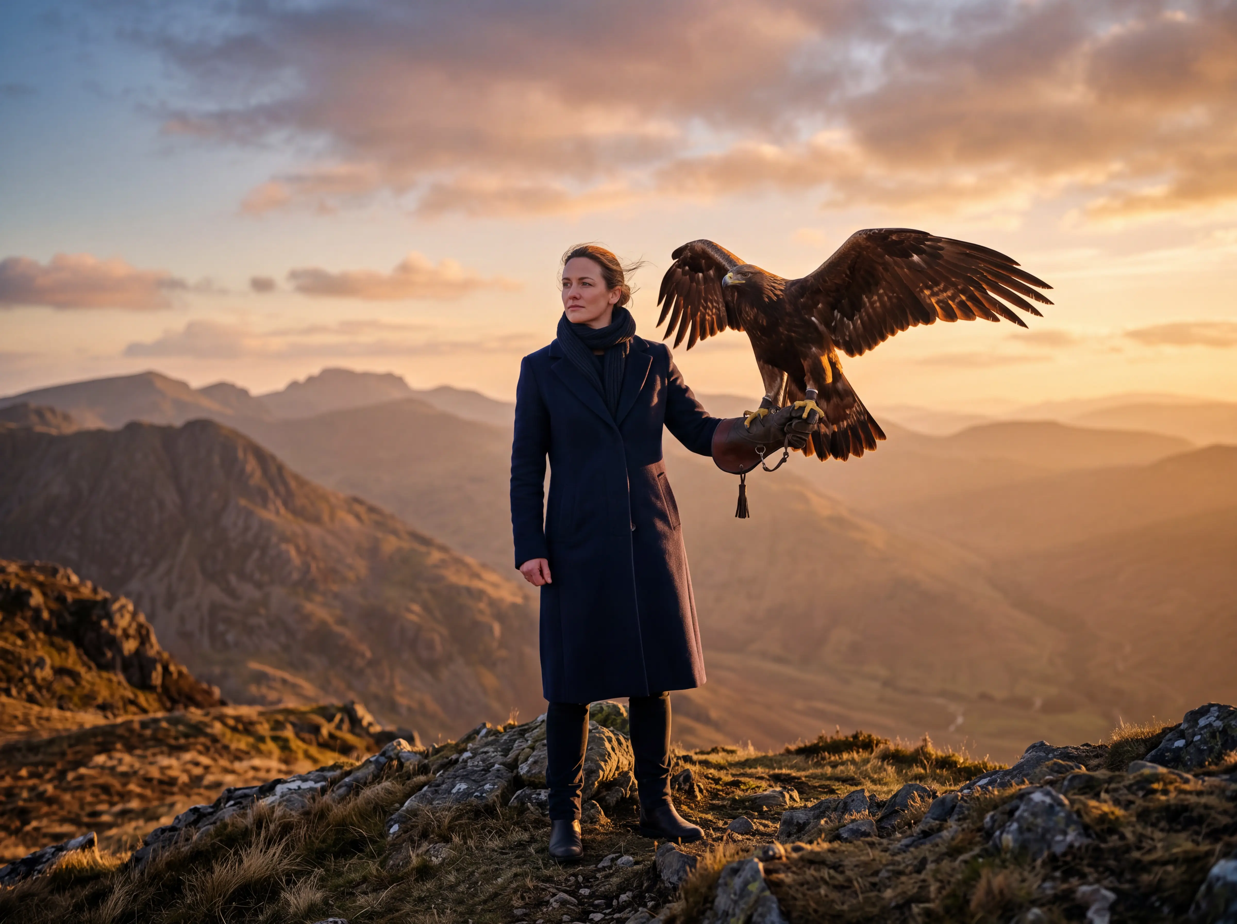 A golden eagle landing on a falconer's glove at golden hour, high on a ridge above a valley.