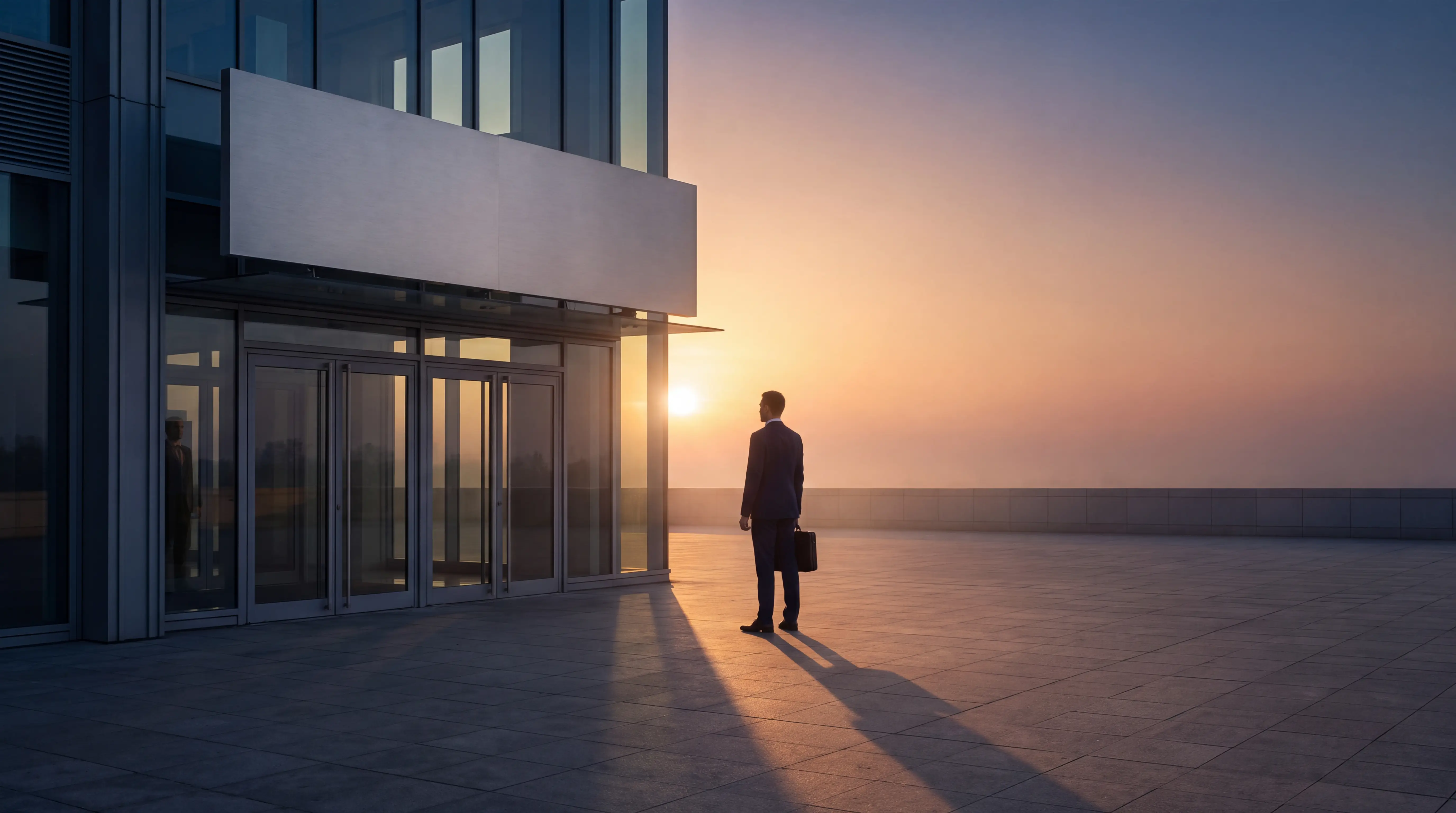 A founder alone at dawn outside a newly finished building, its signage panel still blank.