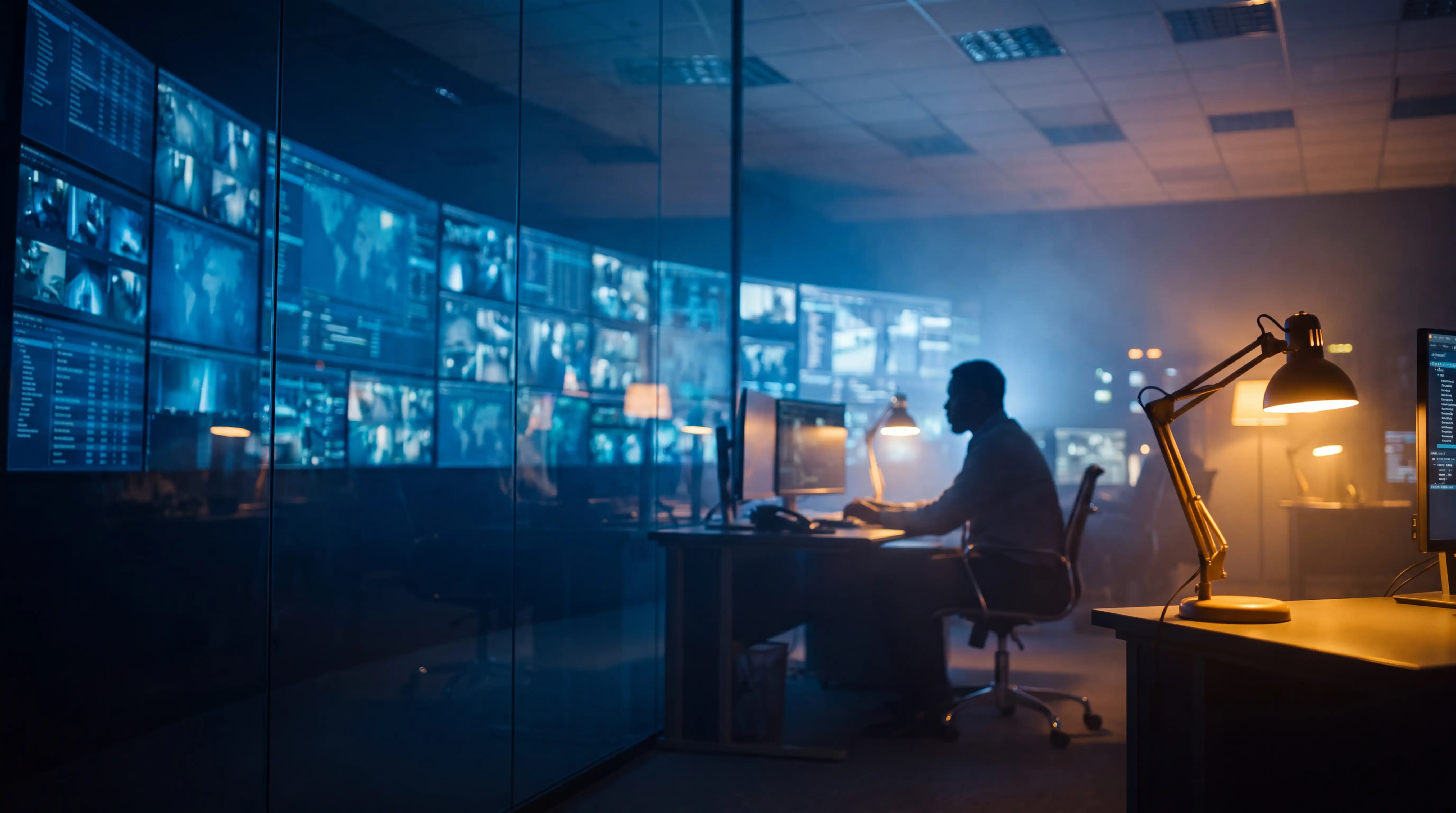 A security operations centre at night, monitors lit, one operator on watch.